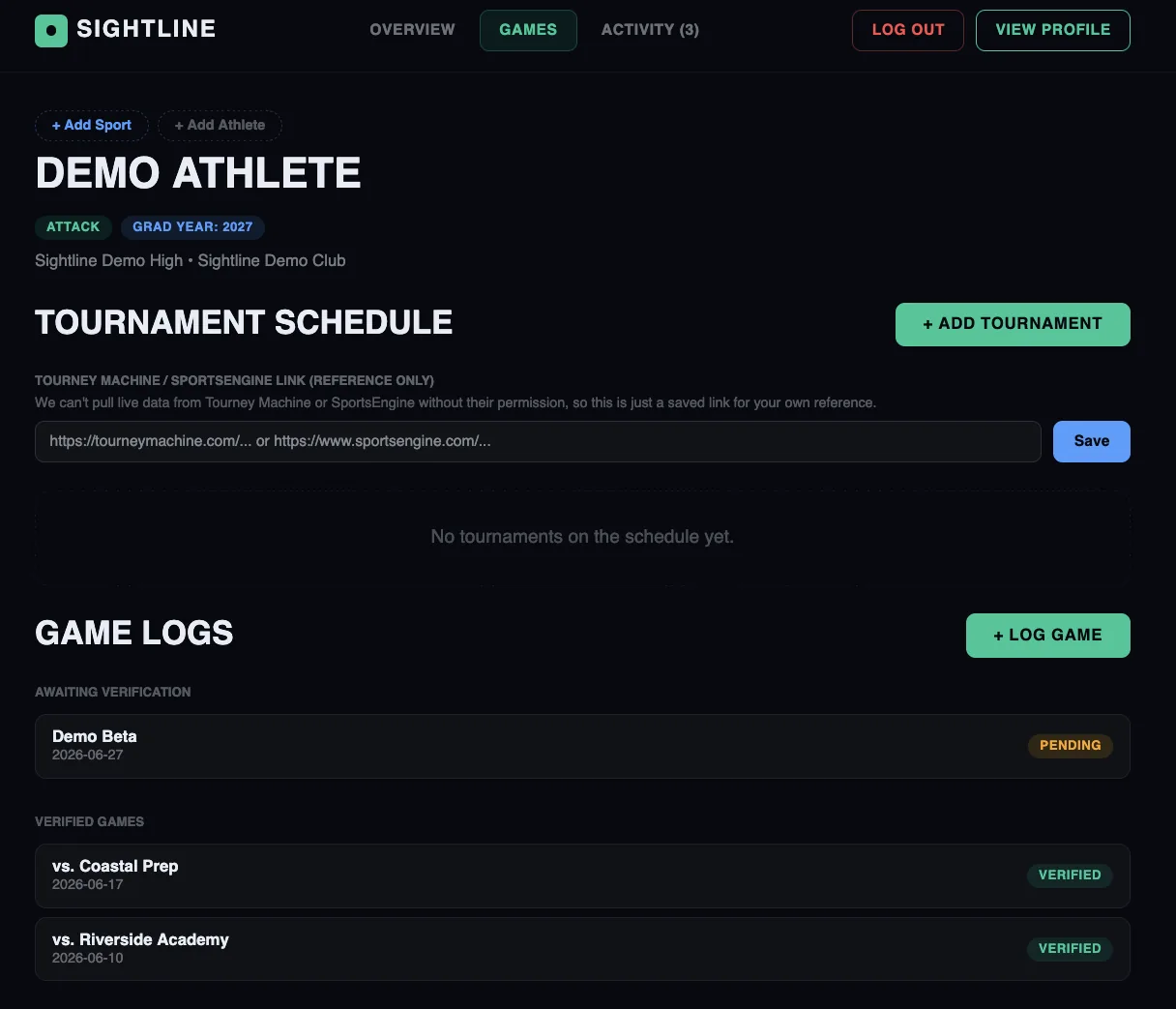 Parent Dashboard — Games tab with tournament schedule and game log