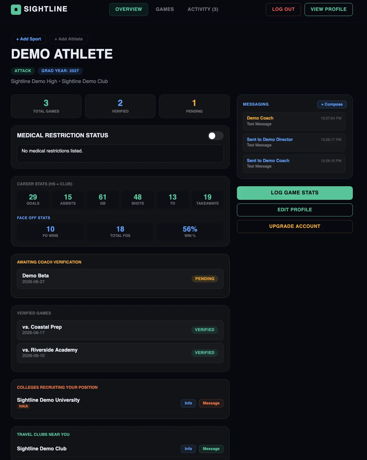 Parent Dashboard — Overview tab with athlete card(s)