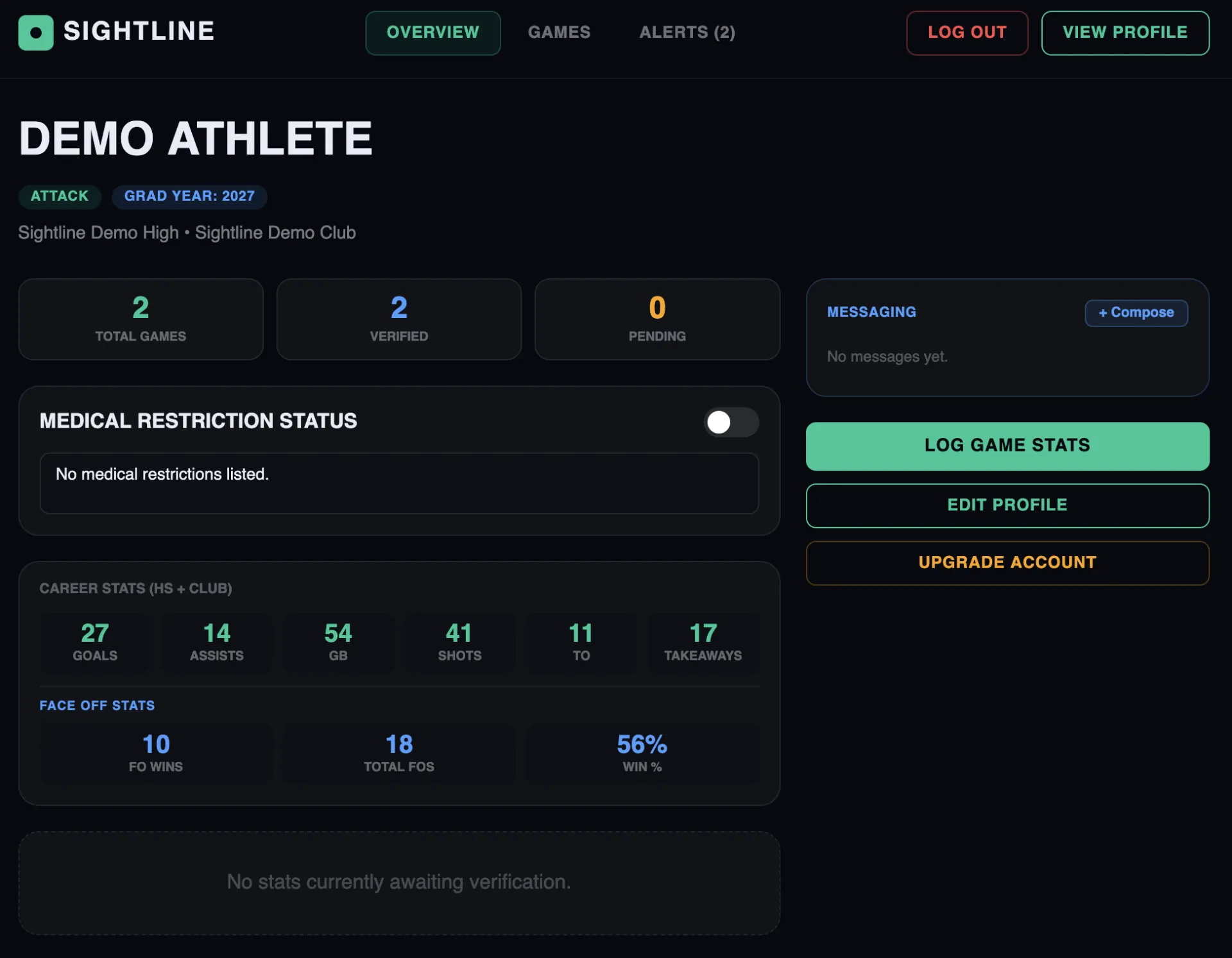 Parent Dashboard — Overview tab with athlete card(s)